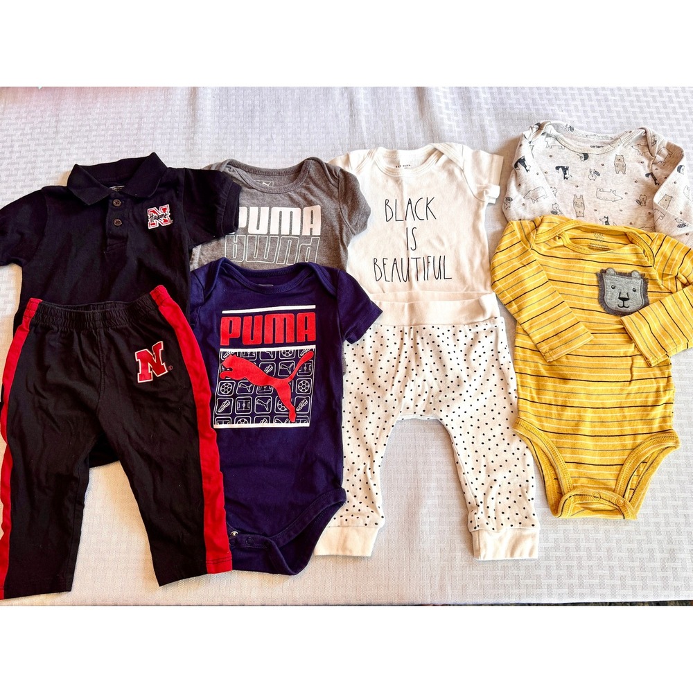Baby Boy Clothes Bundle Lot 6-9M 9M Puma Rae Dunn Nebraska Huskers Carters 8pc
